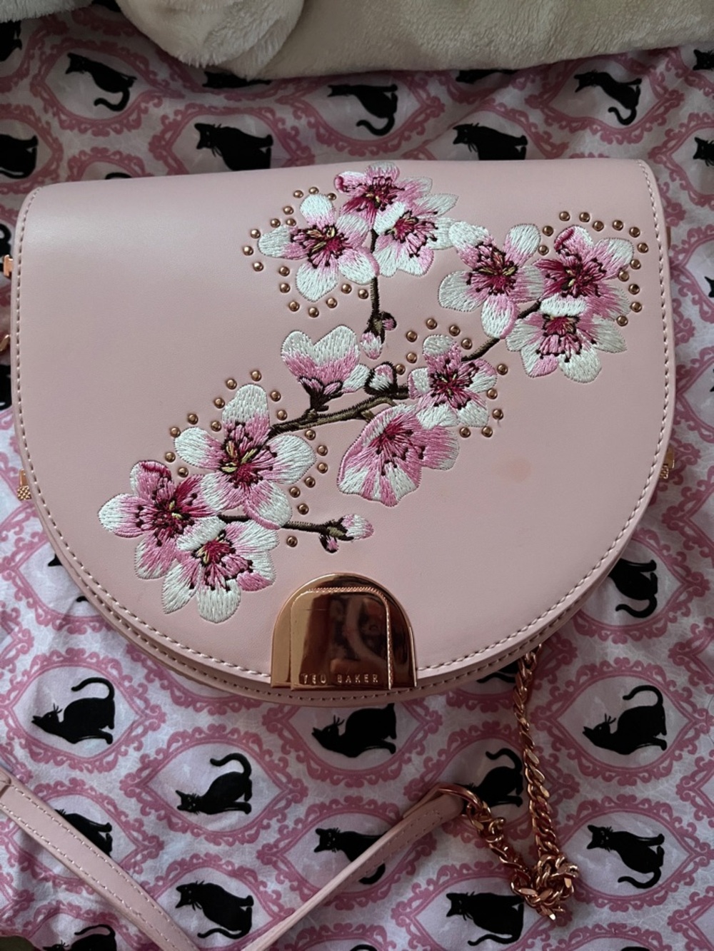 Ted Baker Blush Pink Floral Embroidered Crossbody with Rose Gold Trim
